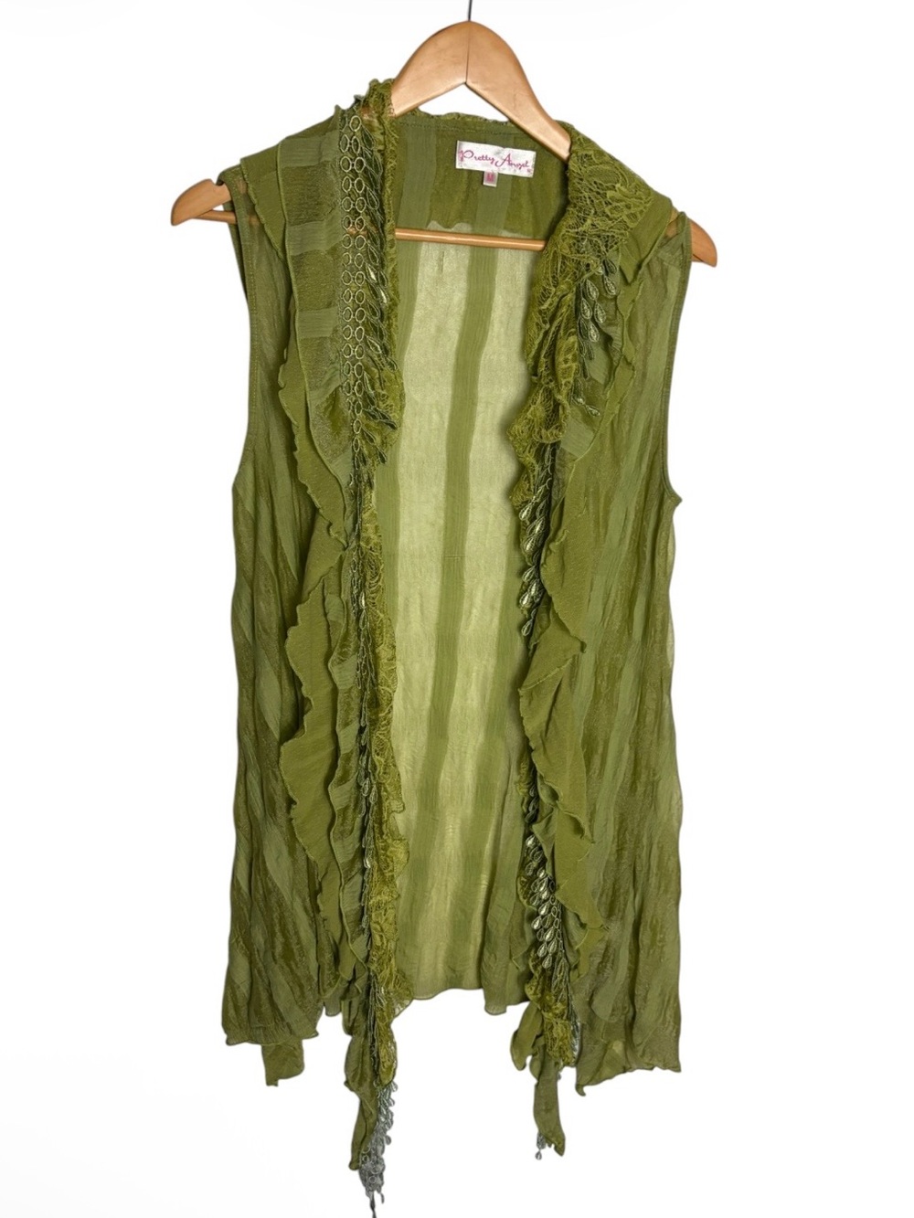 Pretty Angel green fringe silk sheer striped sleeveless cardigan duster size M
